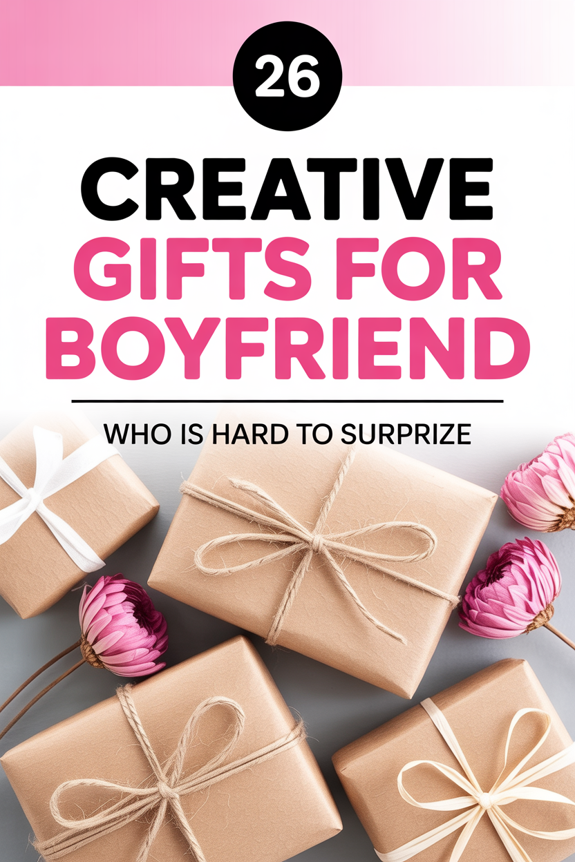 A flat lay of four brown paper gift boxes with white string, pink flowers, and text: "26 Creative gifts for boyfriend who is hard to surprise—earn serious brownie points.