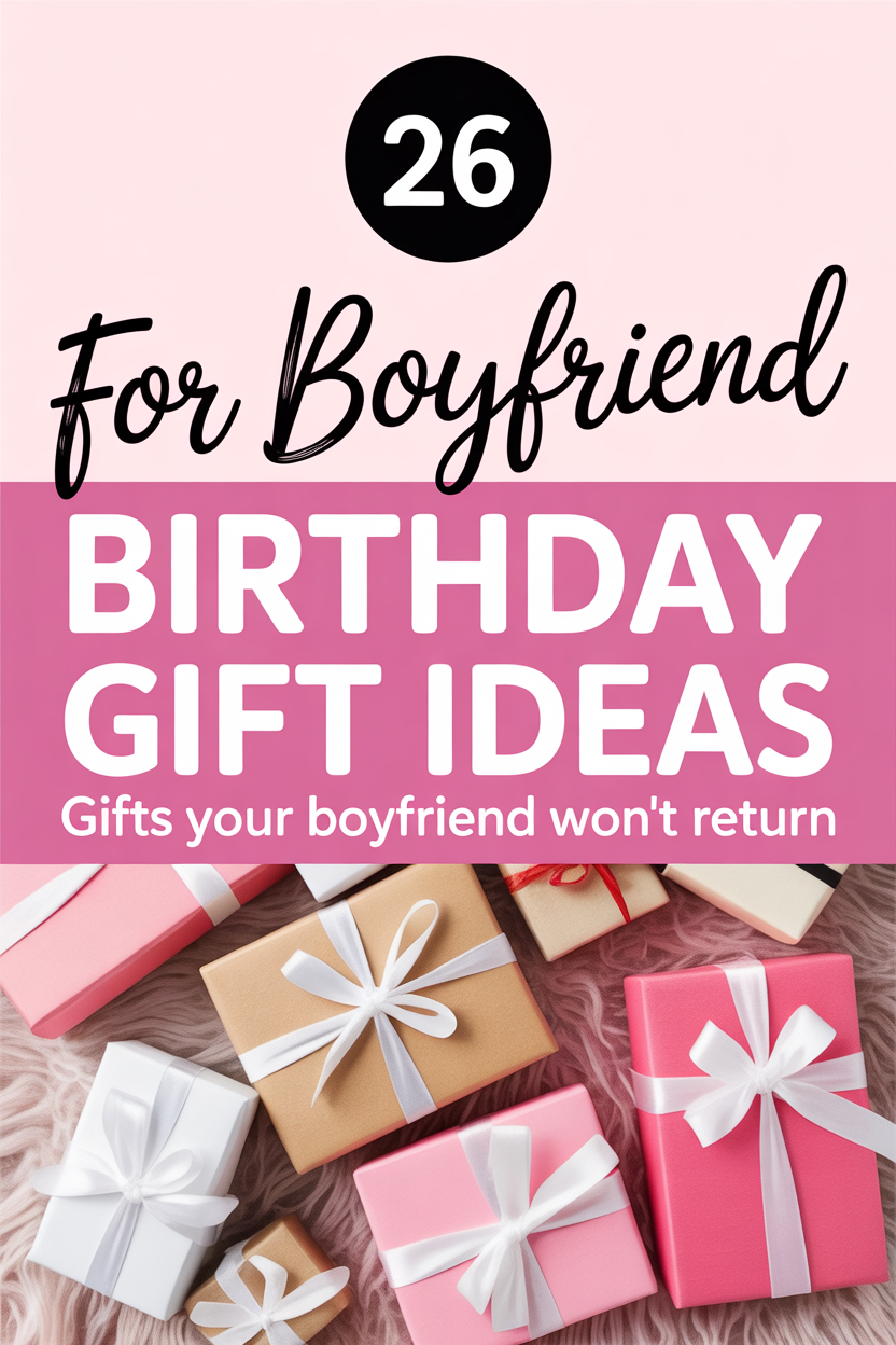A graphic with the text "26 Birthday Gift Ideas for Boyfriend – Gifts your boyfriend won't return" above a group of wrapped presents with ribbons, perfect for anyone searching for unique gifts for boyfriend.
