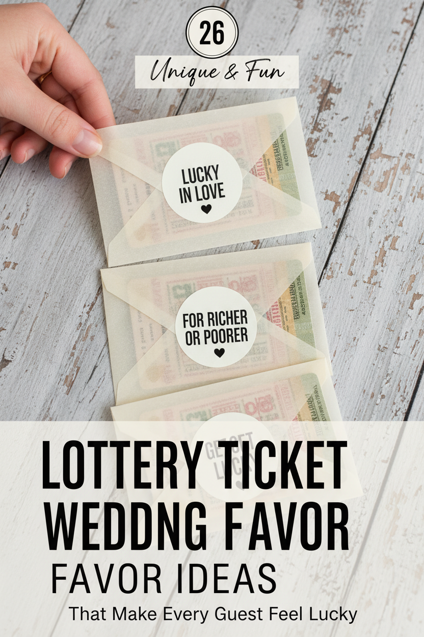 A hand holds translucent envelopes with lottery tickets and stickers reading "Lucky in Love" and "For Richer or Poorer," showcasing unique lottery ticket wedding favors as fun and memorable wedding favor ideas.
