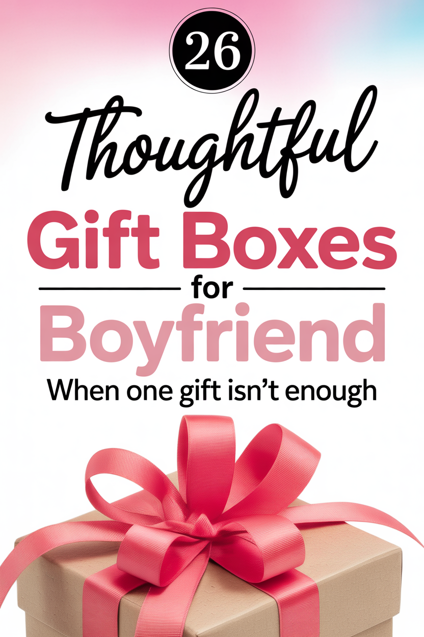 Gift box for boyfriend ideas featuring wrapped present with red ribbon and text promoting 26 thoughtful gift options