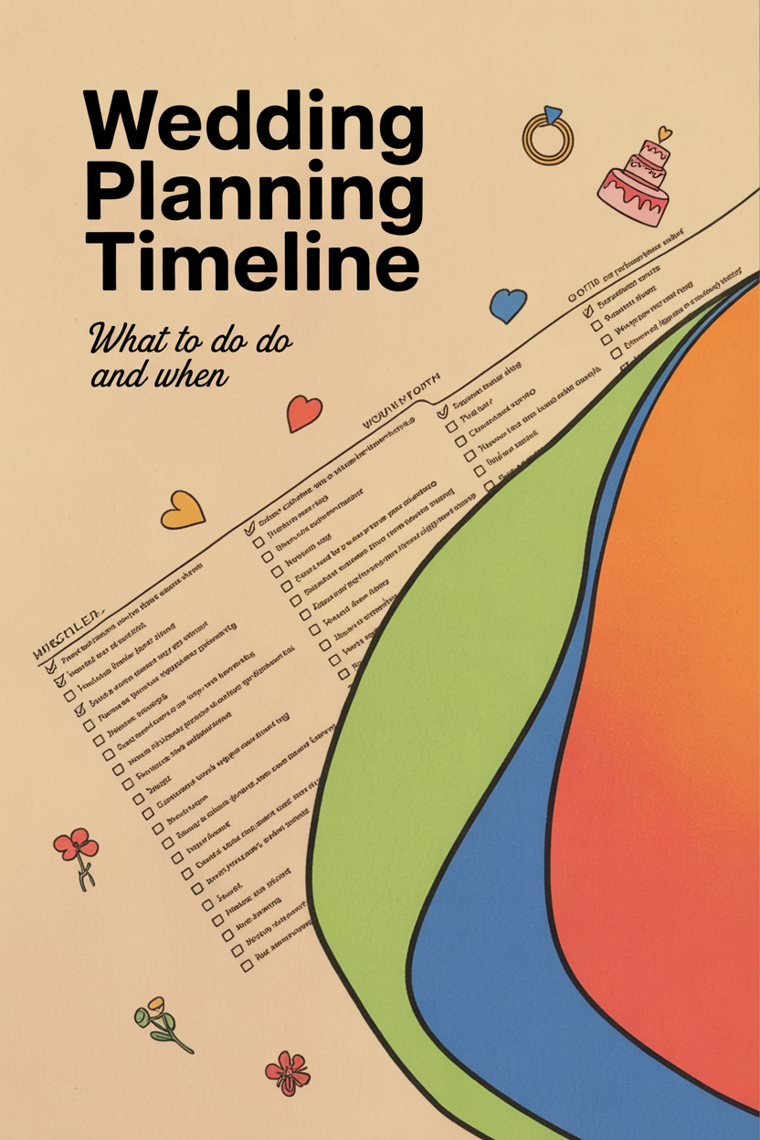 A wedding planning timeline checklist chart designed as a guide for couples, featuring colorful sections and charming icons of a cake, flowers, and hearts to help you stay organized.