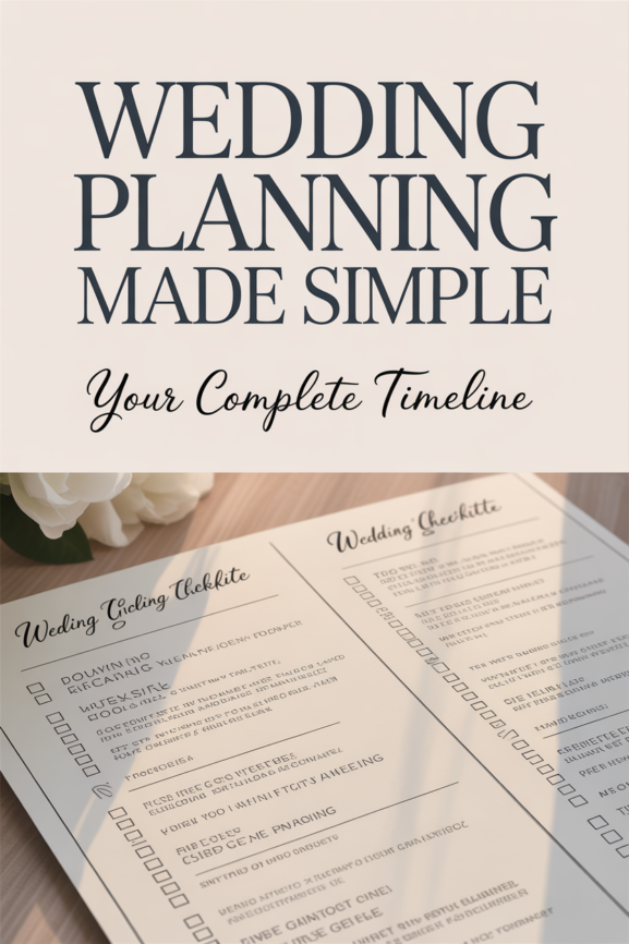 A close-up of wedding planning checklists on a table with text above that reads, "Wedding Planning Made Simple—Your Complete Timeline." The perfect guide for couples to stay organized every step of the way.