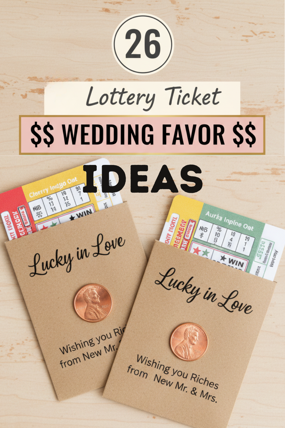 Two scratch-off lottery tickets are tucked into brown envelopes labeled "Lucky in Love," each with a penny attached. Text on the image reads "26 Lottery Ticket Wedding Favor Ideas"—perfect inspiration for unique lottery ticket wedding favors.
