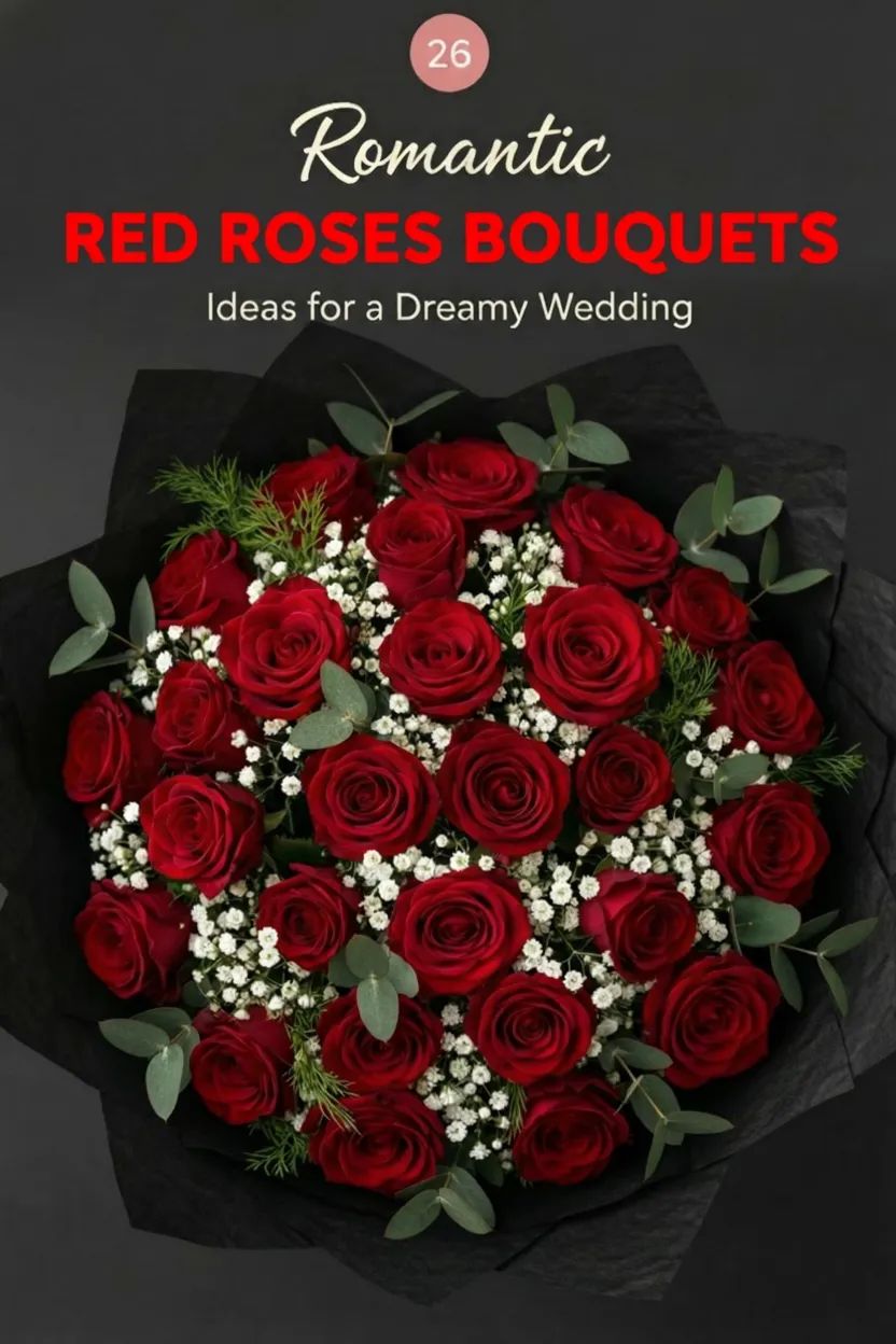 A bouquet of red wedding flowers with white baby's breath and greenery, wrapped in black paper, with text about wedding bouquet ideas above.