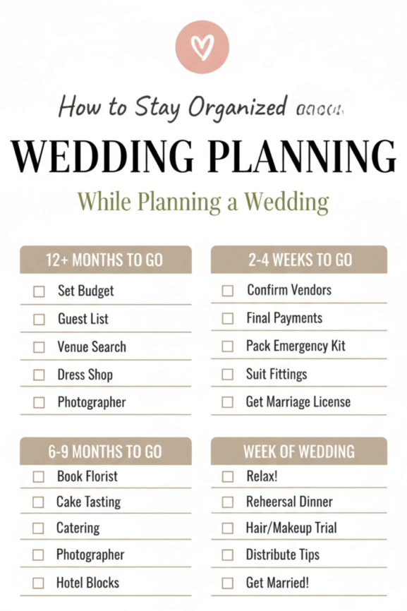 A wedding planning checklist divided by timeline—12+ months, 6-9 months, 2-4 weeks, and week of wedding—with specific tasks to help couples stay organized. The perfect guide for couples to plan every step with ease.