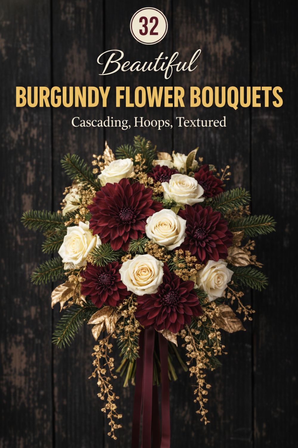 A moody romantic bouquet of burgundy and white flowers with greenery and gold accents is arranged in front of a dark wooden background. Text reads: "32 Beautiful Burgundy Flower Bouquets.