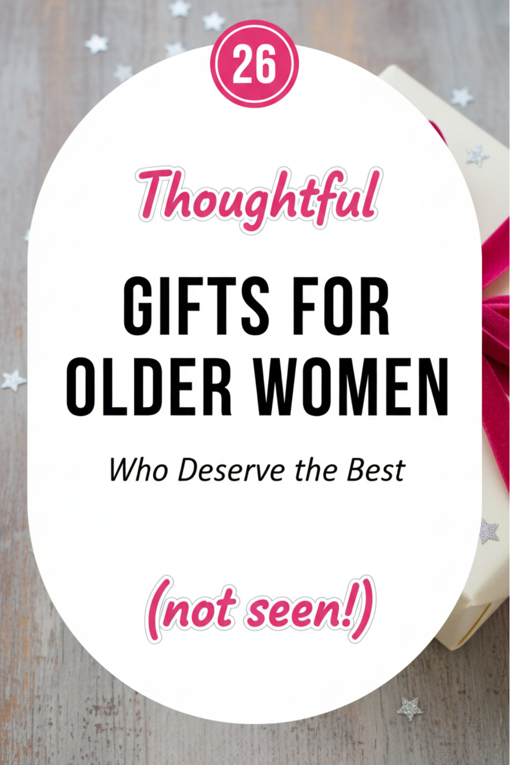 Gift guide graphic for gifts for older women with thoughtful present recommendations on festive holiday background