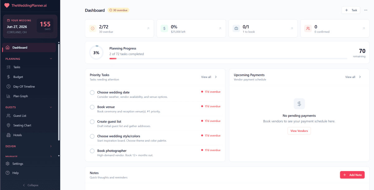 Screenshot of a wedding planning dashboard designed to help couples stay organized, featuring tasks, planning progress, priority tasks with due dates, and an upcoming payments section.