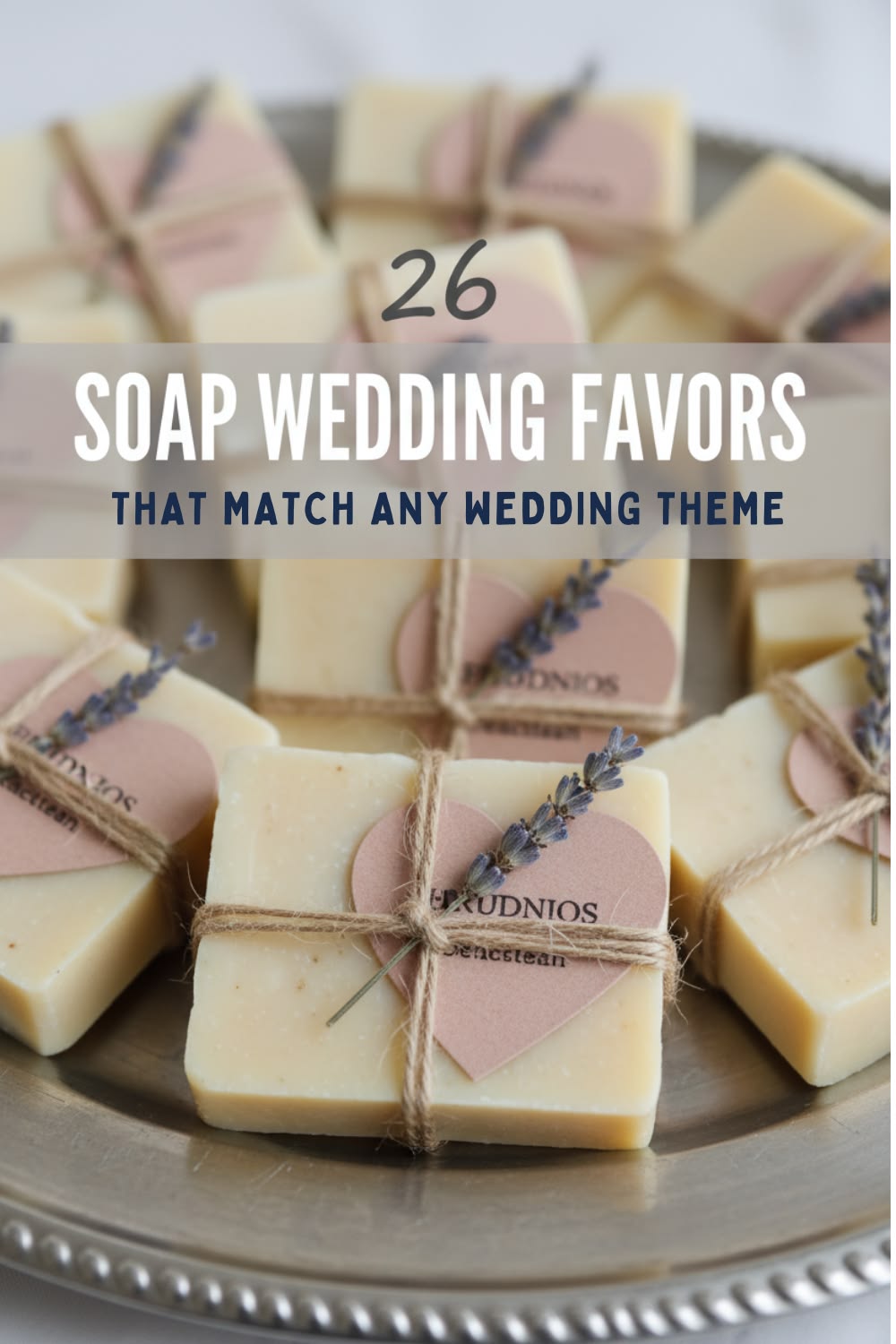 Several handmade soap wedding favors, each wrapped with twine, a sprig of lavender, and a heart-shaped tag, arranged on a silver tray. Text overlay reads "26 Soap Wedding Favors.