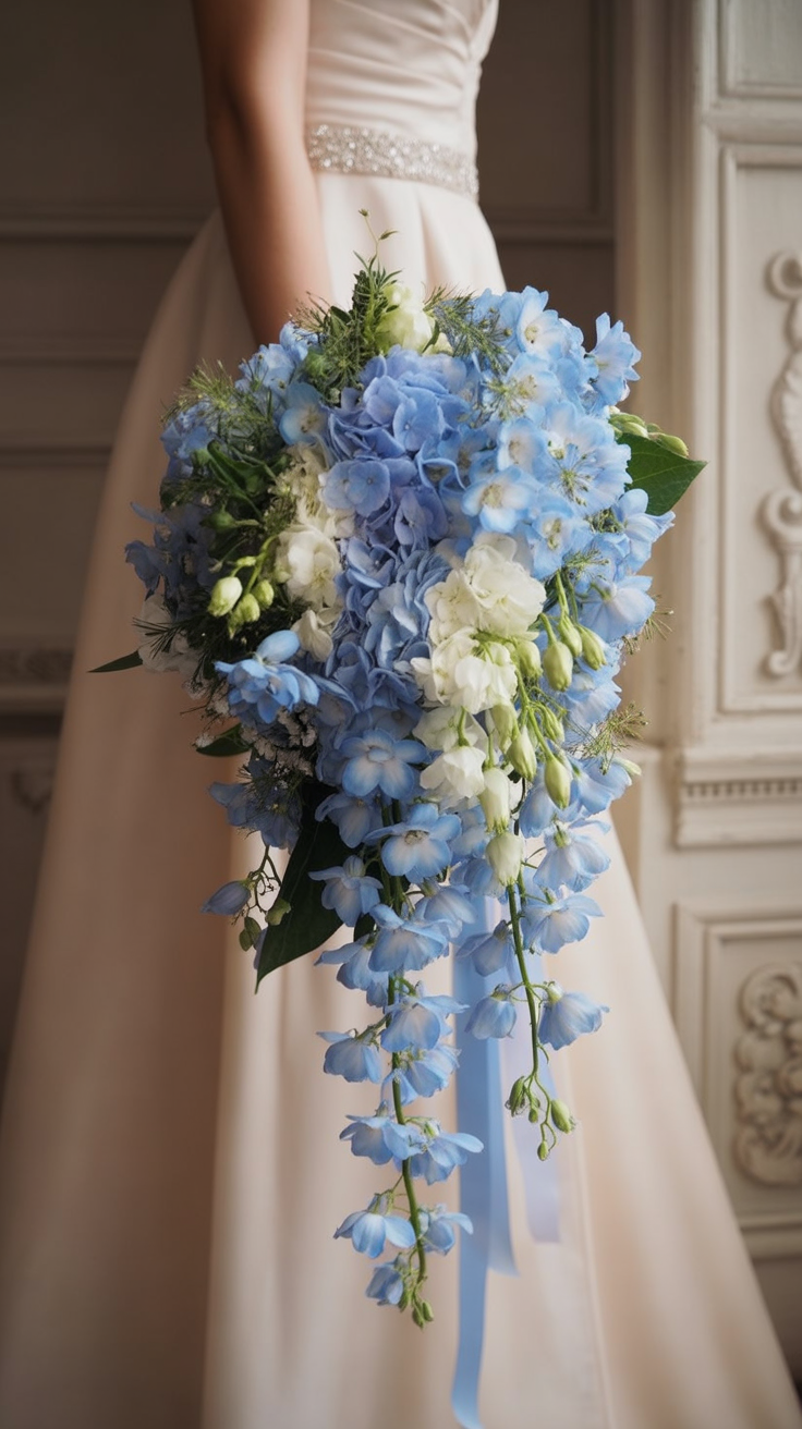 Cascading bridal bouquet with blue hydrangea and trailing blue delphinium against ballgown skirt
