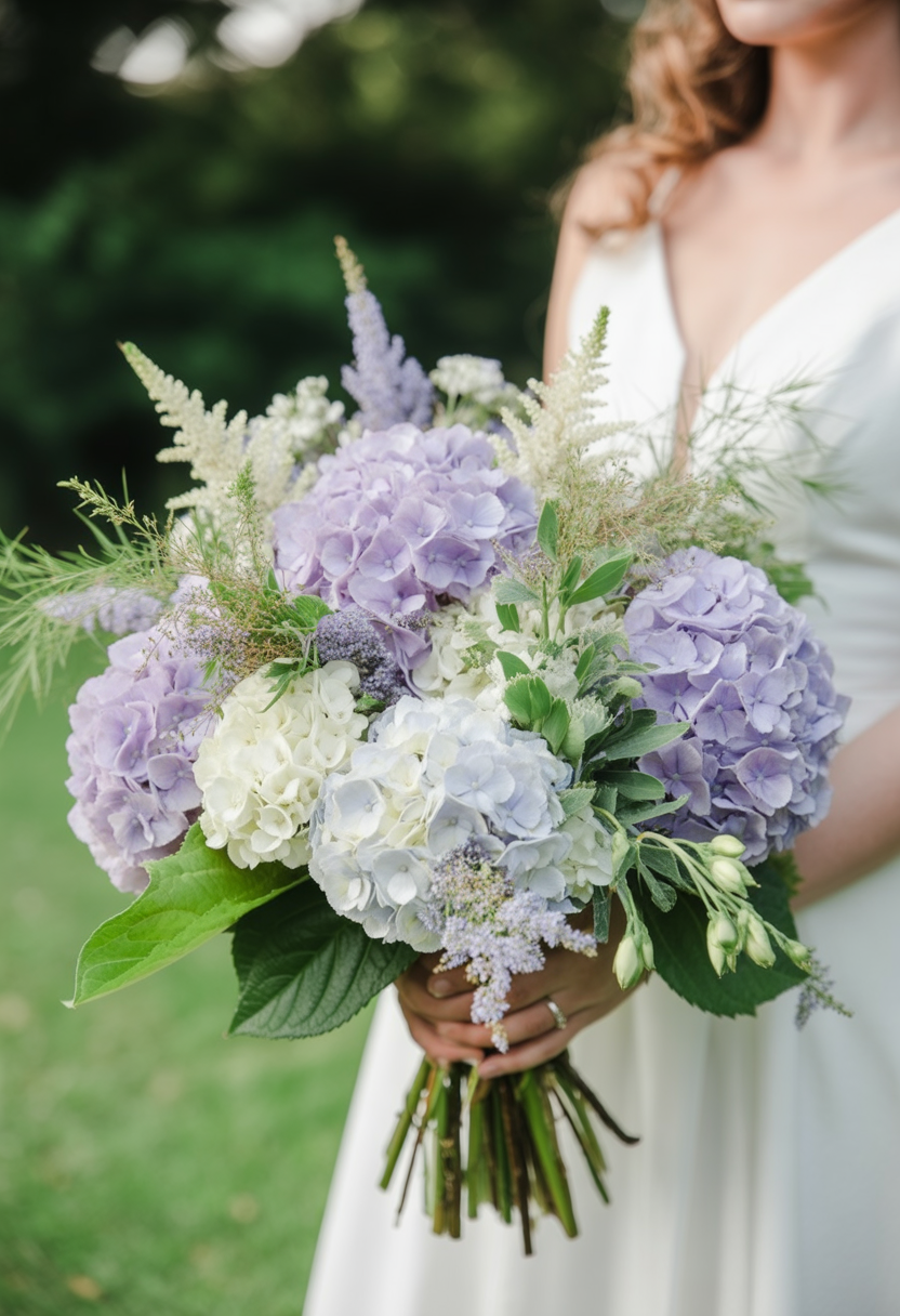 Loose garden-style bouquet with pale purple hydrangea, white astilbe, and mixed greenery held by bride
