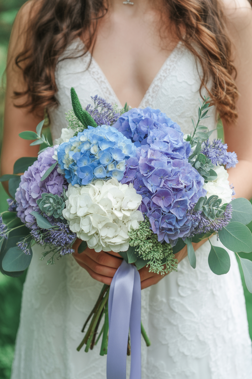 Bride with curly hair holding purple, blue, and white hydrangea bouquet with lavender and eucalyptus tied with purple ribbon