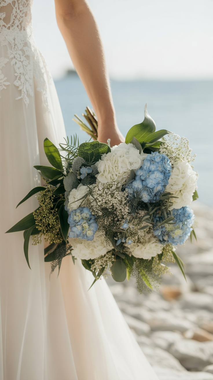 Bride on rocky beach holding blue and white hydrangea bouquet with queen anne's lace and mixed greenery
