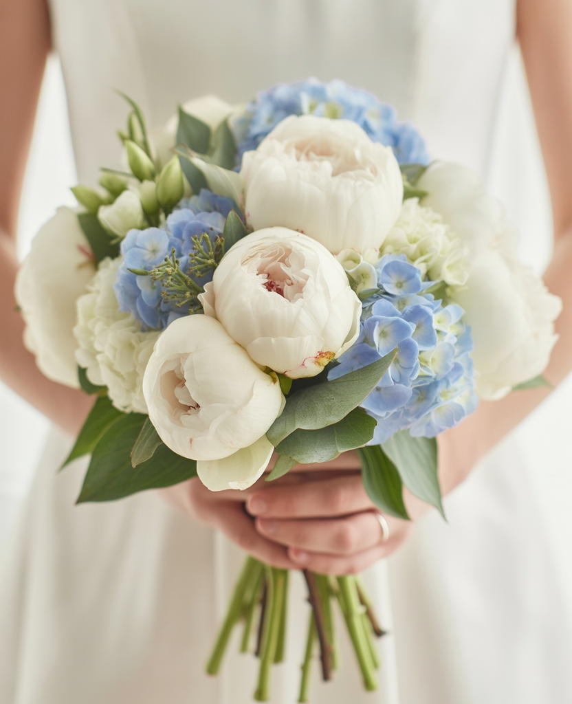 Close-up of bridal bouquet featuring white peonies with blue hydrangea and greenery