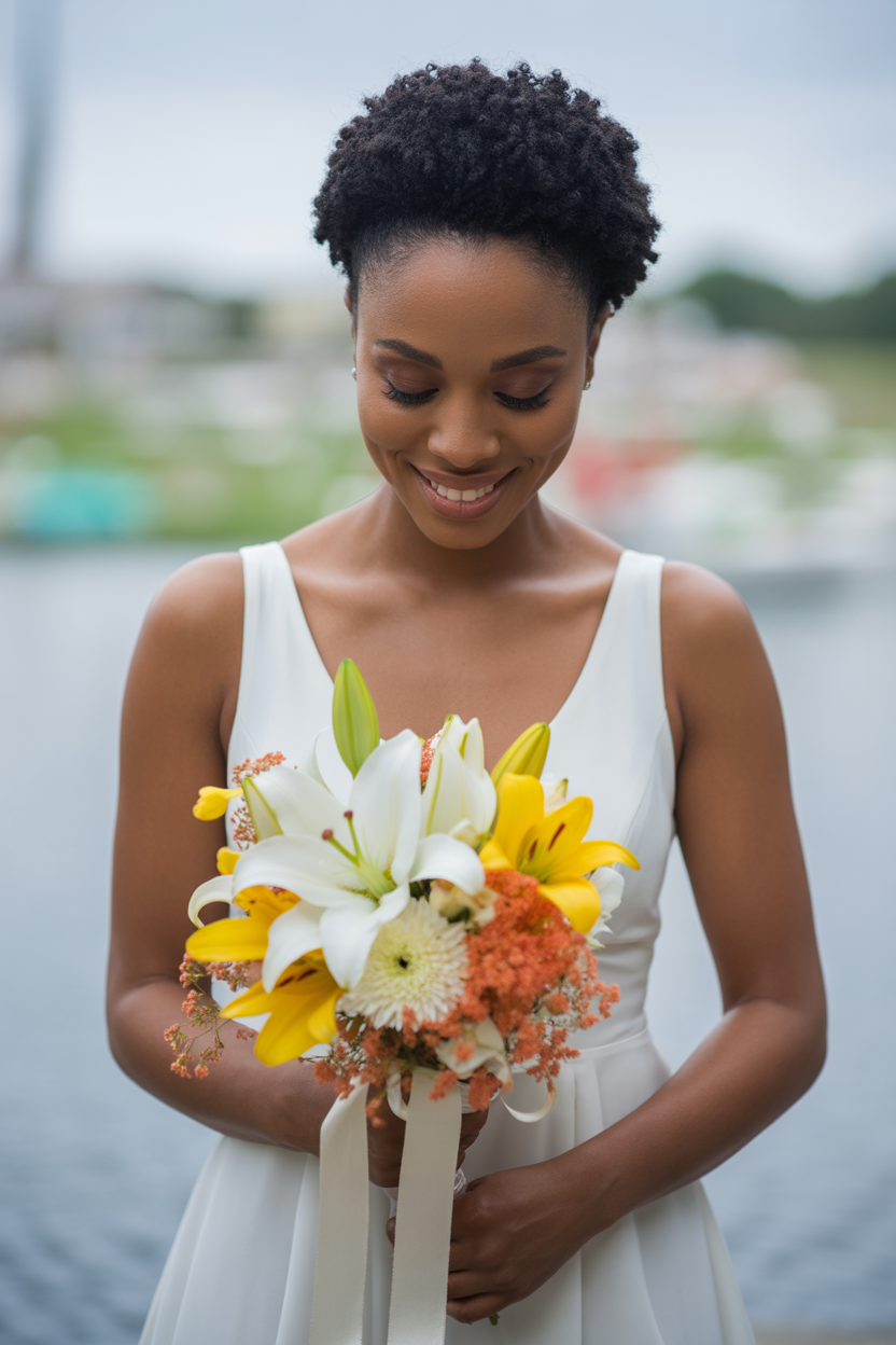 Bride in minimalist white dress holding yellow and white Asiatic lily bouquet with coral accents by waterfront