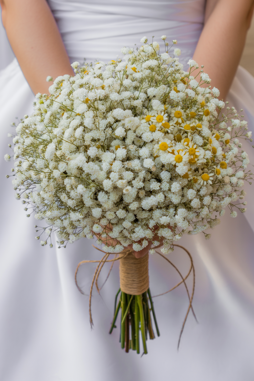 Bride in white satin gown holding round bouquet of chamomile daisies and baby's breath wrapped with natural twine