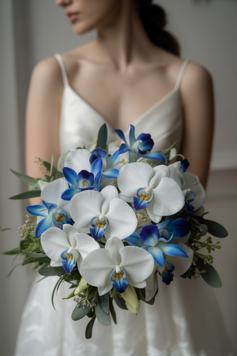 Bride in satin v-neck gown holding bouquet of white phalaenopsis orchids with blue dyed orchids and eucalyptus greenery