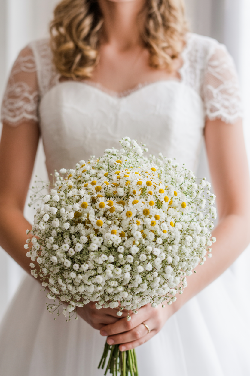 Bride with blonde curly hair in lace cap sleeve wedding dress holding chamomile daisy bouquet surrounded by baby's breath