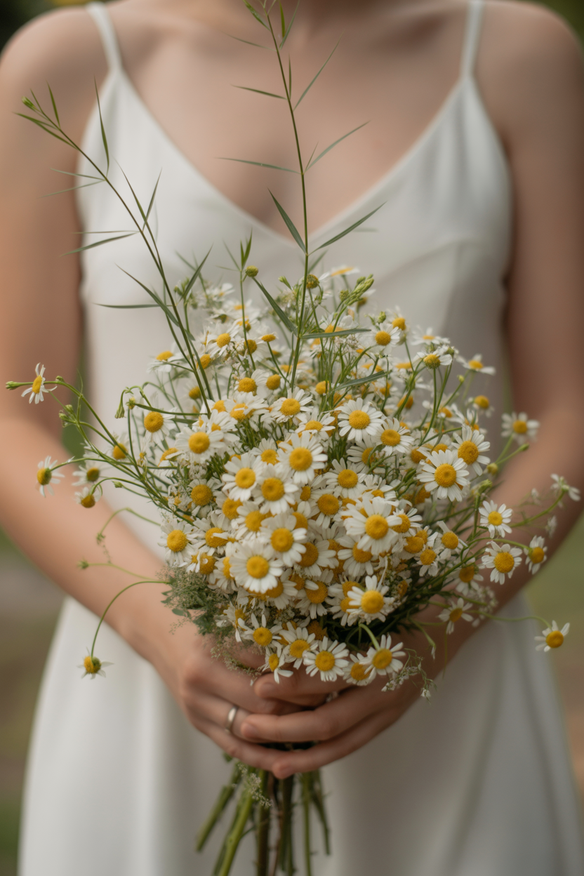 Bride in minimalist satin slip dress holding loose wildflower bouquet of chamomile daisies with natural grasses outdoors