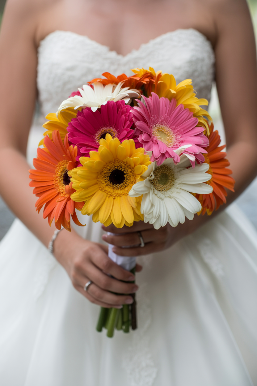 Bride in strapless sweetheart lace ballgown holding vibrant bouquet of orange, yellow, hot pink, and white gerbera daisies