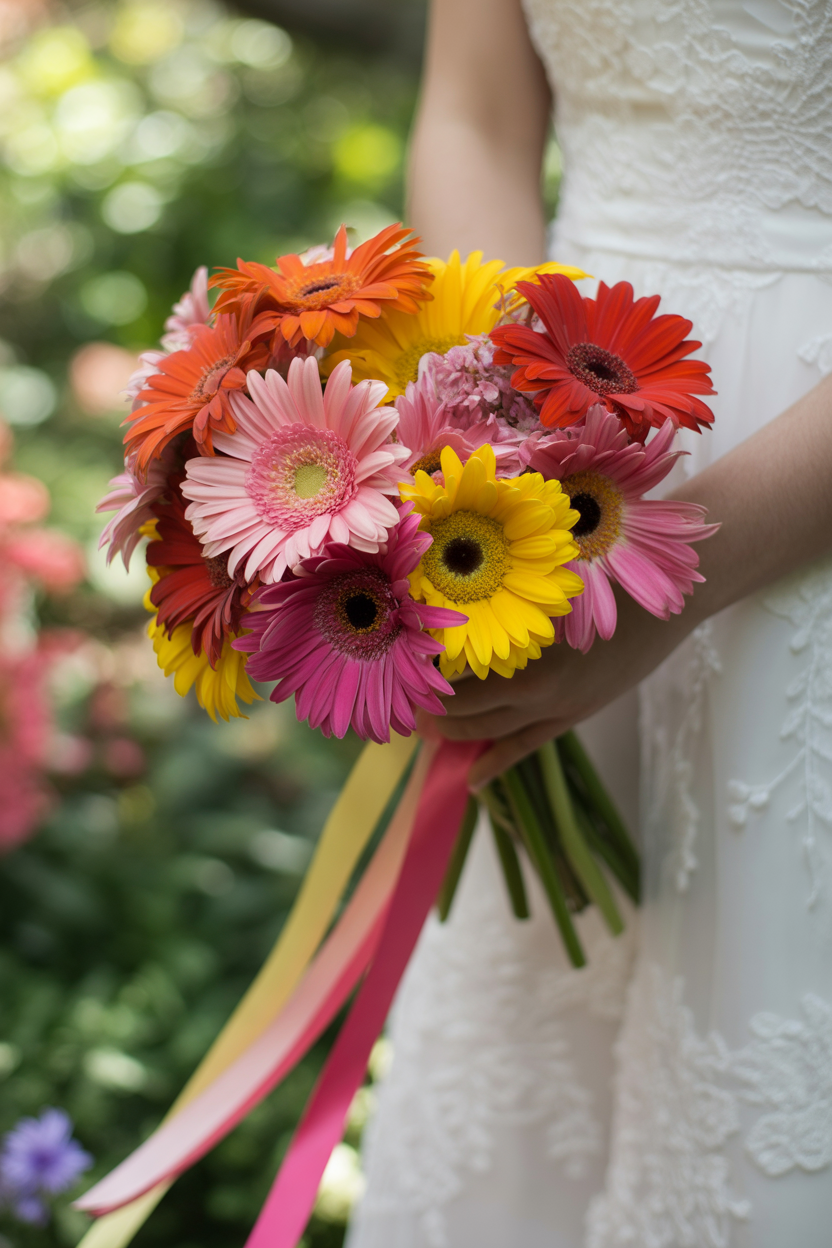 Bride in lace cap sleeve gown holding colorful gerbera daisy bouquet with flowing pink and yellow ribbons in garden setting
