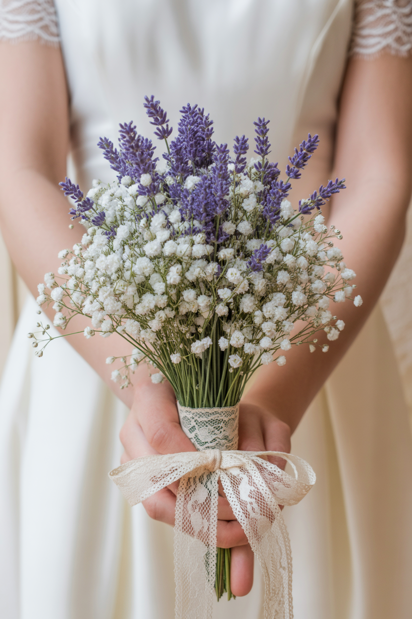 Bride holding delicate bouquet of white baby's breath and purple lavender wrapped with vintage lace ribbon