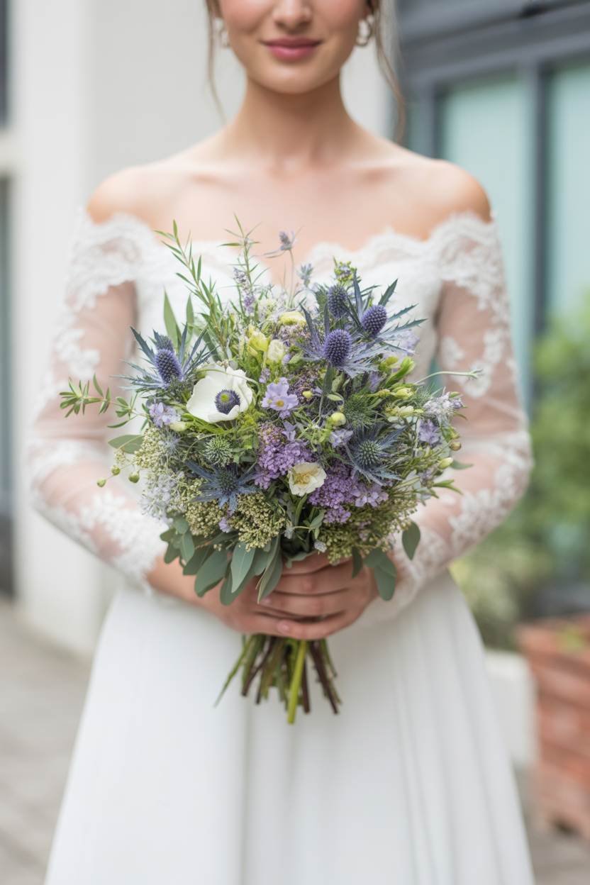 Bride in off-shoulder lace gown holding organic wildflower bouquet with blue thistle, white anemones, lavender, and mixed greenery