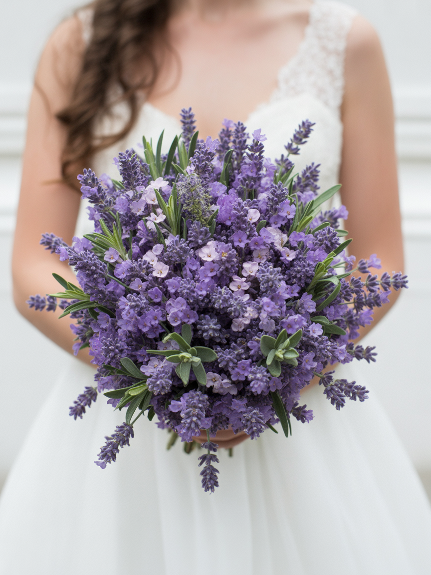 Bride holding lush round bouquet of deep purple lavender, pale purple stock flowers, and rosemary sprigs