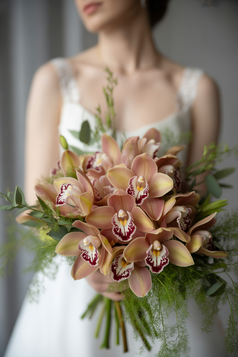 Bride holding bouquet of warm peach and coral cymbidium orchids with burgundy spotted centers, asparagus fern, and eucalyptus
