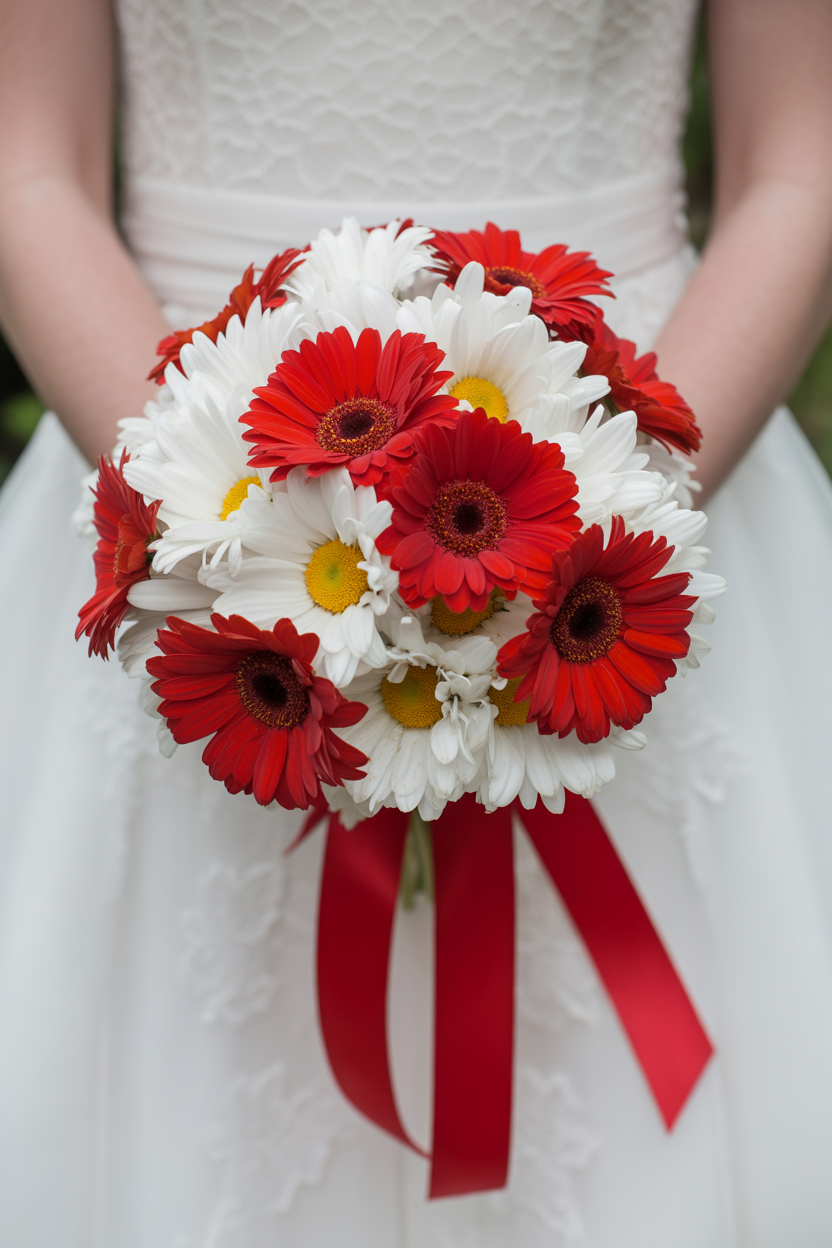 Bride holding round bouquet of red and white gerbera daisies with classic white daisies and red satin ribbon