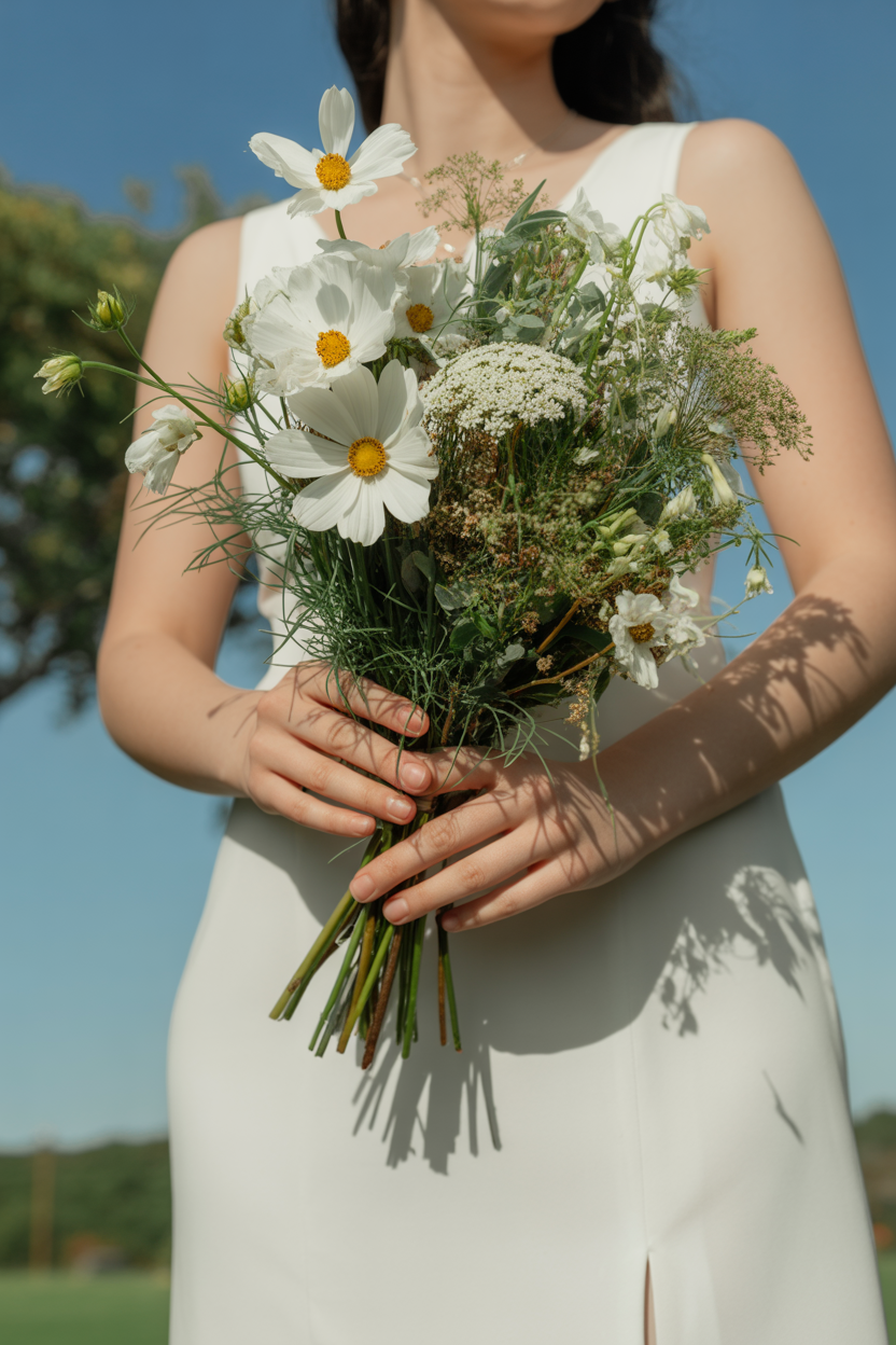 Bride in minimalist sleeveless dress holding airy wildflower bouquet with white cosmos, daisies, and Queen Anne's lace against blue sky