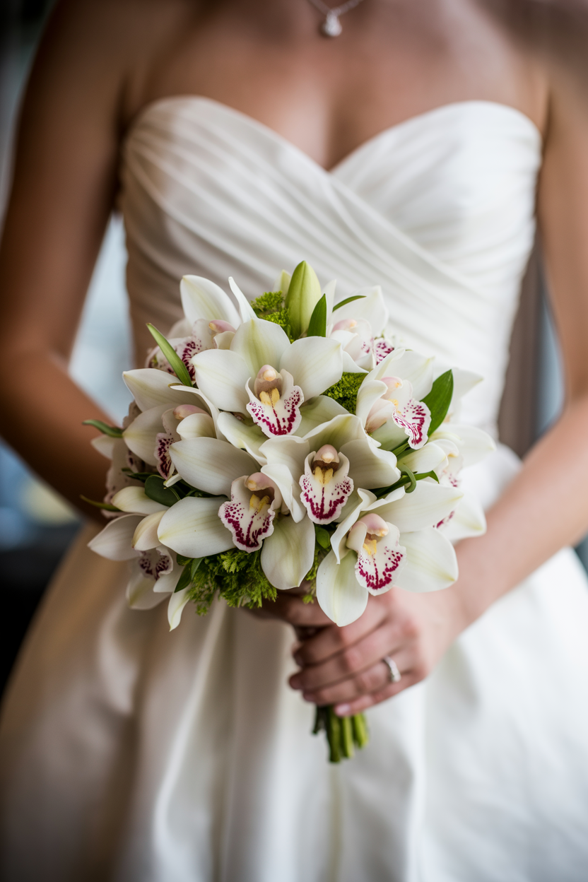 Bride in sweetheart neckline gown holding compact white cymbidium orchid bouquet with burgundy speckled centers and green foliage