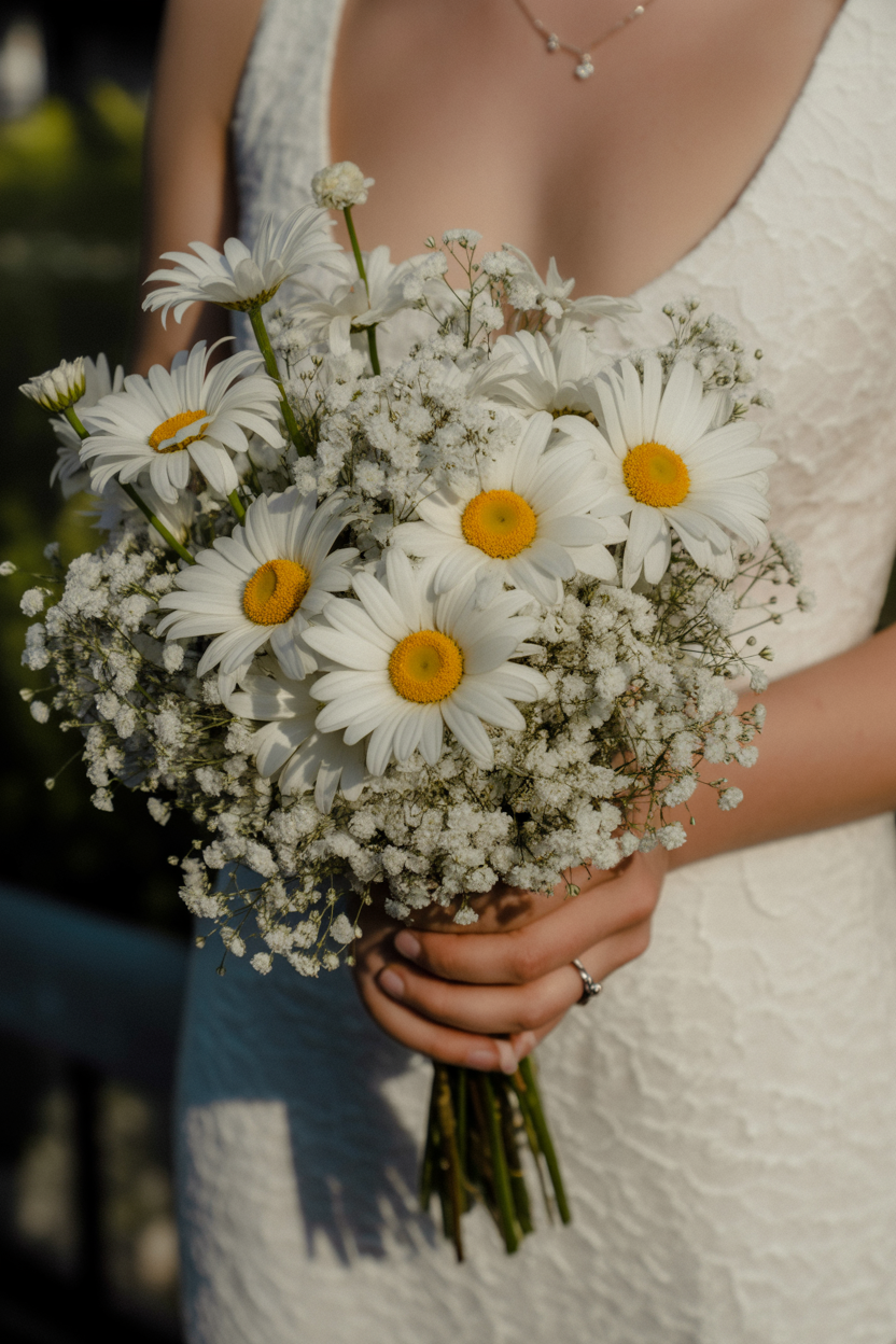 Bride in textured white dress with delicate necklace holding white daisy and baby's breath bouquet in warm golden light