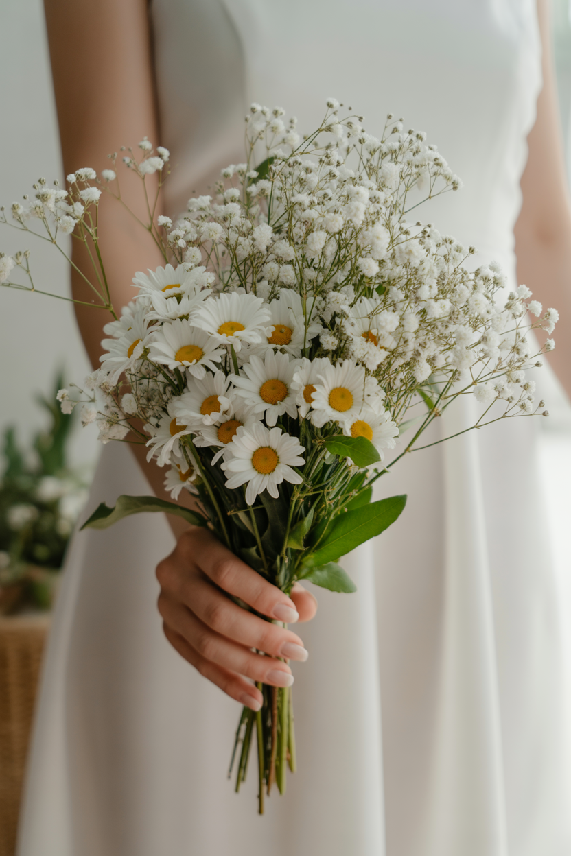 Bride in sleek white satin dress holding small hand-tied bouquet of white daisies and baby's breath with greenery