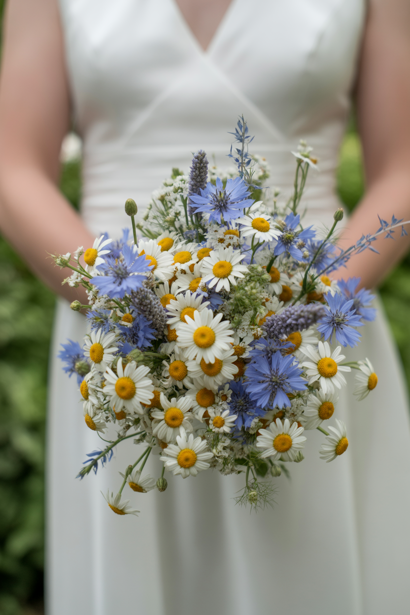 Bride in V-neck minimalist dress holding wildflower bouquet with white chamomile daisies, blue cornflowers, love-in-a-mist, and lavender