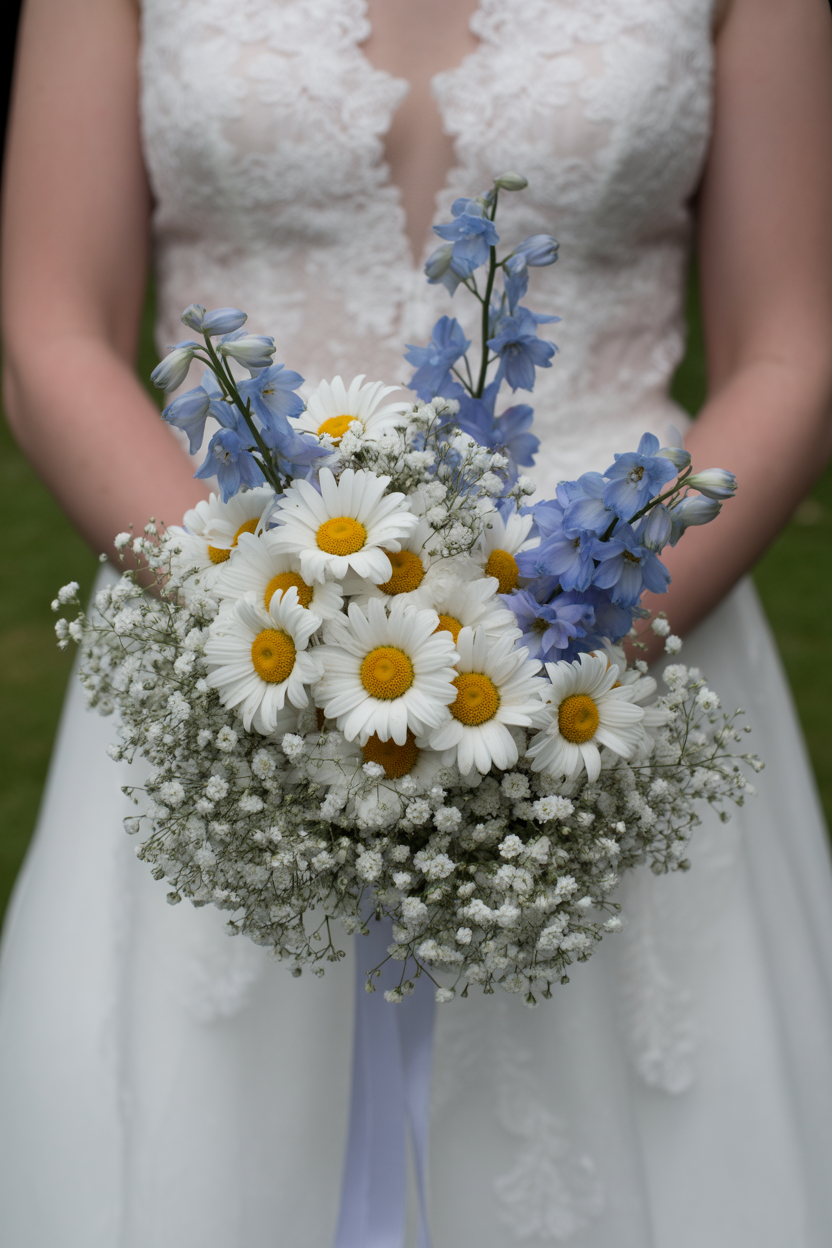 Bride in plunge neckline lace gown holding bouquet of white daisies with blue delphinium spikes and baby's breath with blue ribbon