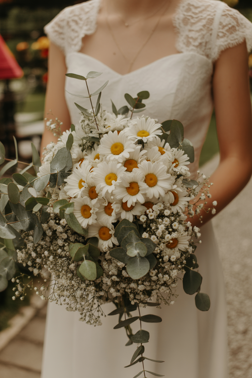 Bride in sweetheart neckline dress with lace cap sleeves holding lush bouquet of white daisies with silver dollar eucalyptus and baby's breath