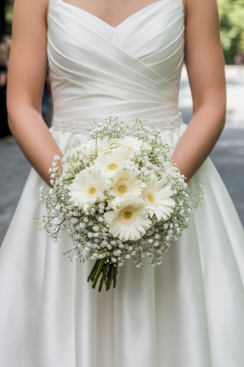 Bride in ruched satin ballgown with beaded belt holding formal round bouquet of white gerbera daisies with pale green centers and baby's breath