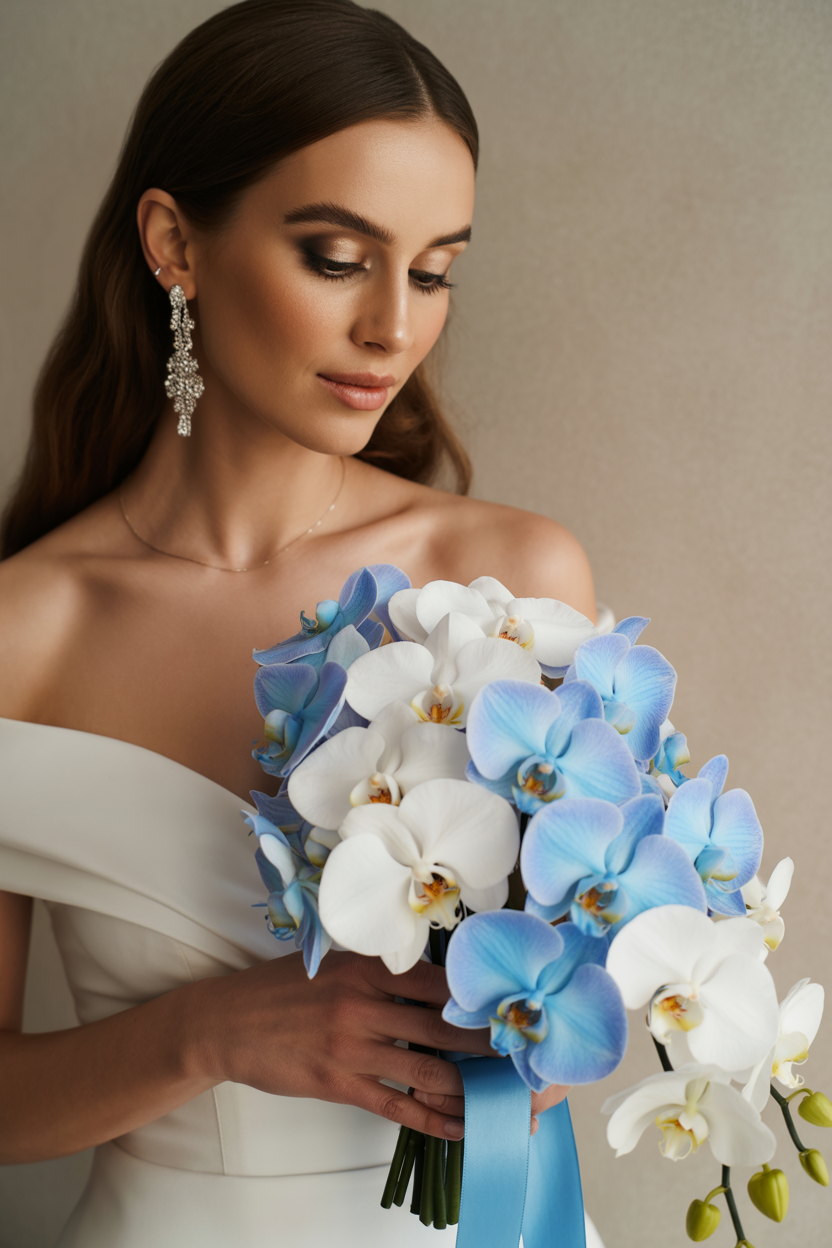 Bride in off-shoulder white gown holding bouquet of blue and white phalaenopsis orchids with blue satin ribbon