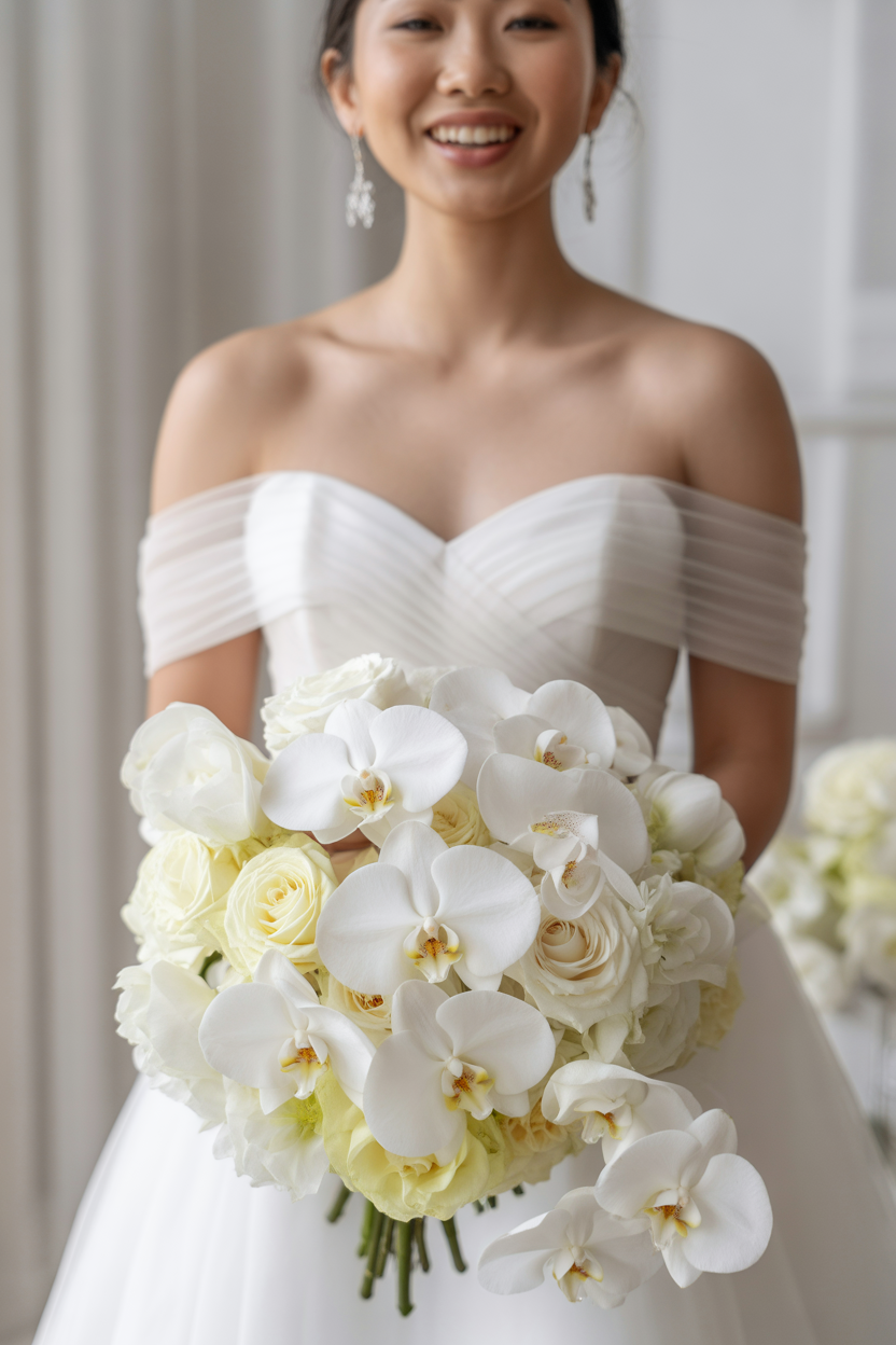 Smiling bride in off-shoulder pleated gown holding lush white bouquet of phalaenopsis orchids and white roses