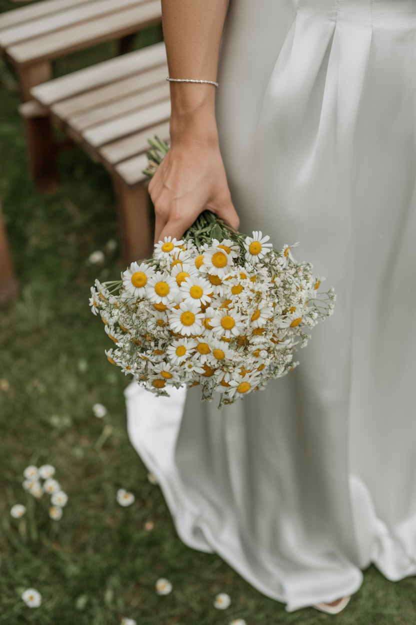 Bride in flowing satin dress holding chamomile daisy bouquet at her side in garden setting with daisies growing in grass