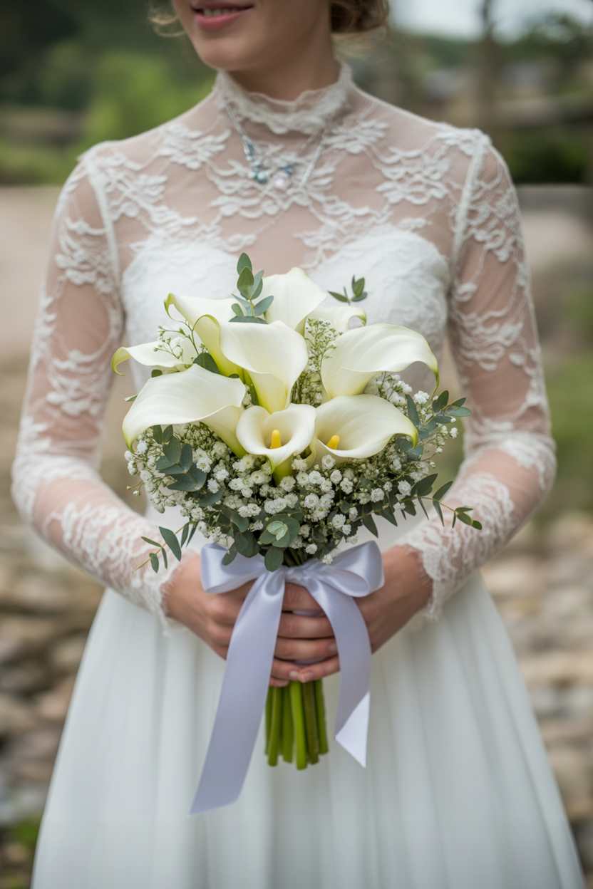 Bride in lace high-neck wedding dress holding white calla lily bouquet with baby's breath, eucalyptus, and lavender satin ribbon