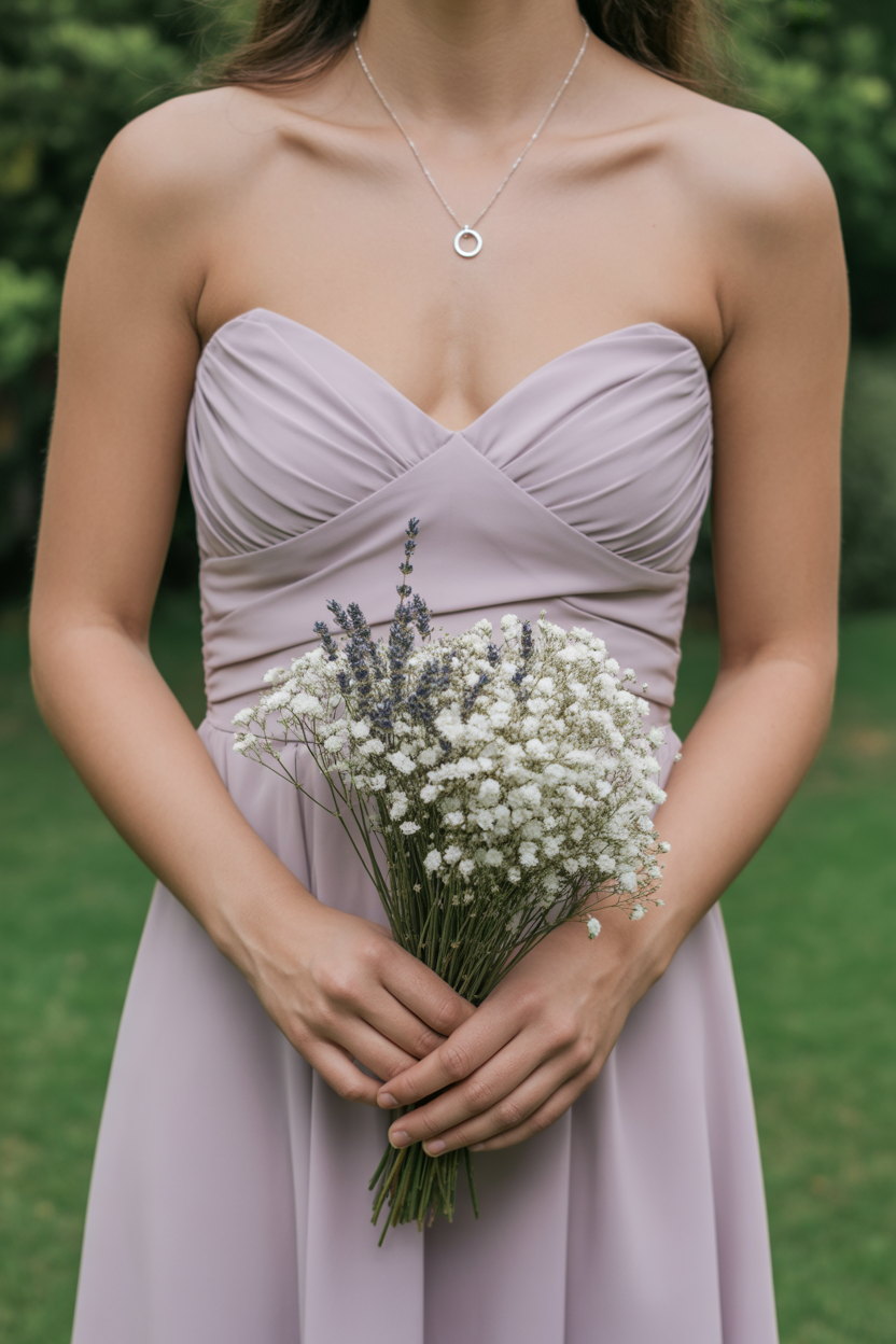 Bridesmaid in strapless mauve dress holding simple bouquet of baby's breath with lavender accent sprigs
