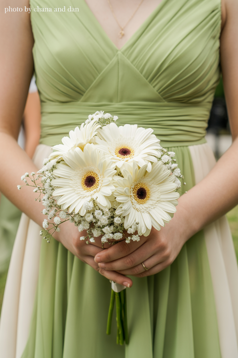 Bridesmaid in sage green dress holding small bouquet of white gerbera daisies with dark centers and baby's breath