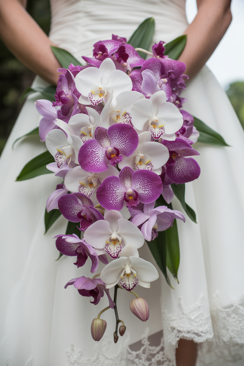Bride holding cascading bouquet of white and magenta purple phalaenopsis orchids with tropical ti leaves