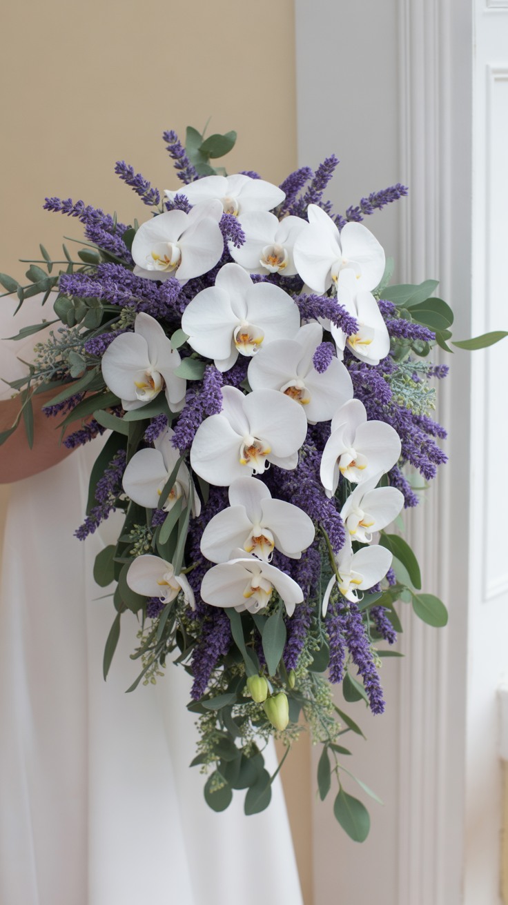 Cascading white phalaenopsis orchid bouquet with purple lavender stems and eucalyptus greenery