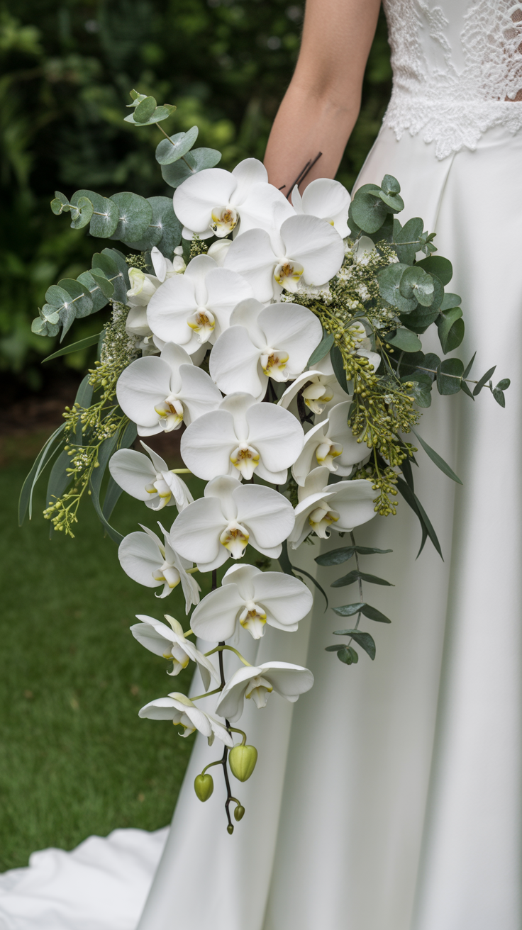 Bride holding cascading white phalaenopsis orchid bouquet with silver dollar eucalyptus and seeded eucalyptus in outdoor garden setting