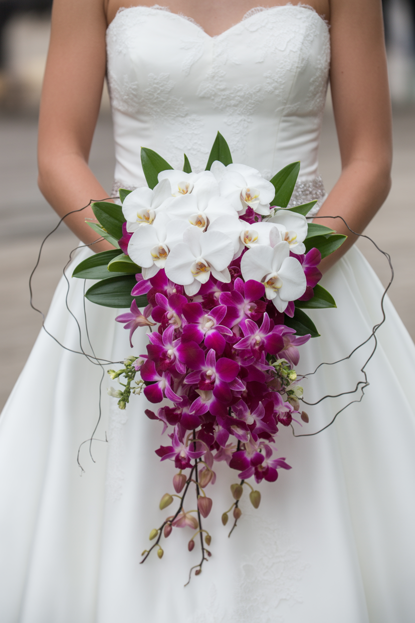 Bride holding cascading bouquet with white phalaenopsis orchids on top transitioning to magenta dendrobium orchids with wire vine accents