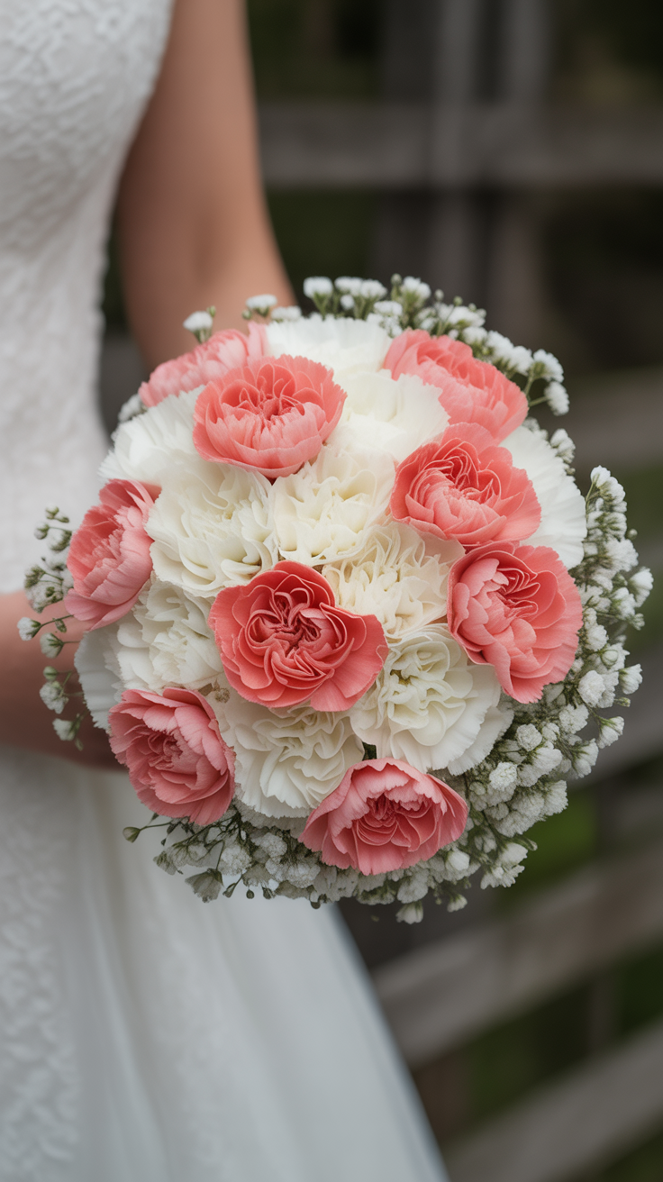 Bride holding round bouquet of coral and white carnations with baby's breath border against rustic fence backdrop