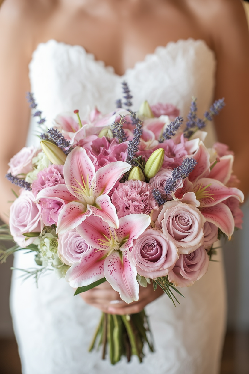 Bride in sweetheart lace gown holding pink stargazer lily bouquet with lavender roses, pink carnations, and dried lavender sprigs